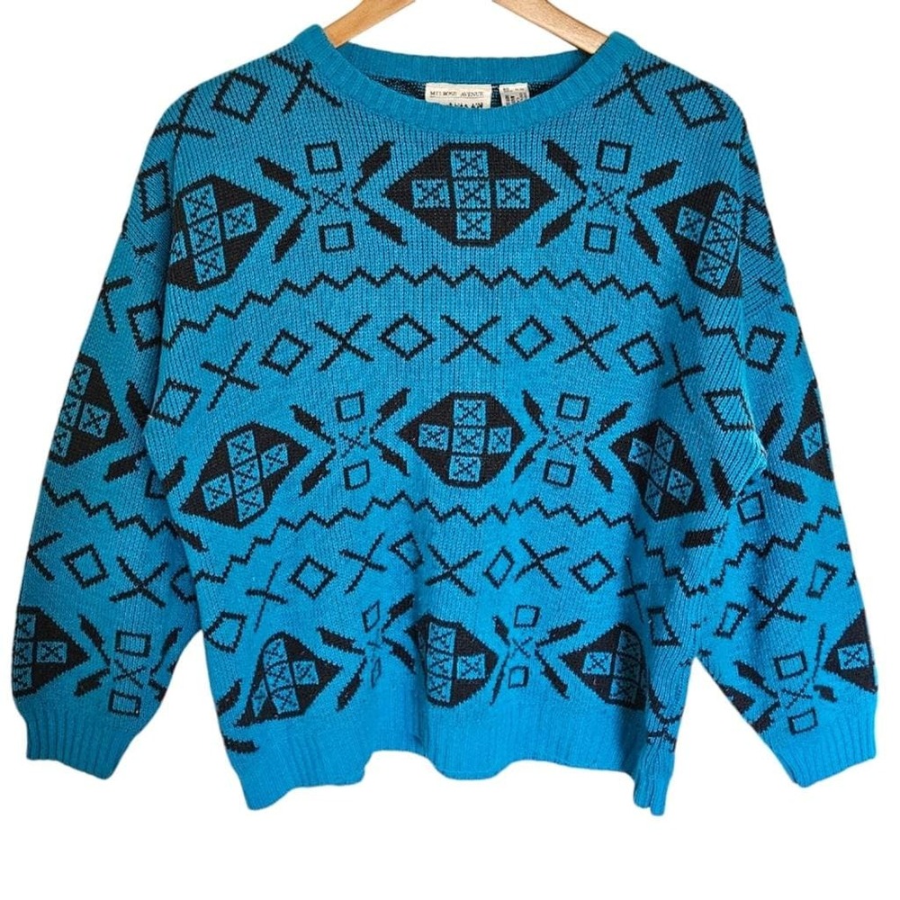 Retro 90s Melrose Avenue Blue Black‎ Acrylic Fair Isle Crewneck Sweater Medium